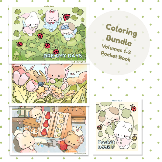 Coloring book bundle with cute animal illustrations on a polka dot background