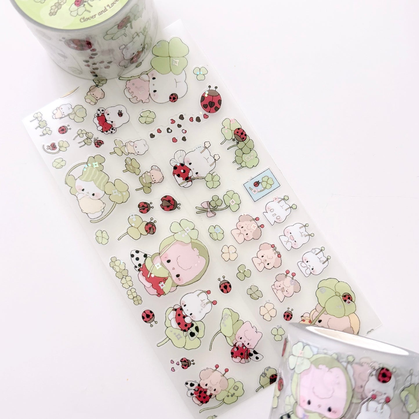 Set of decorative stickers with cartoon characters and nature elements on a white background