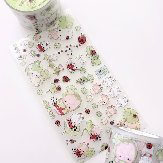 Set of decorative stickers with cartoon characters and nature elements on a white background