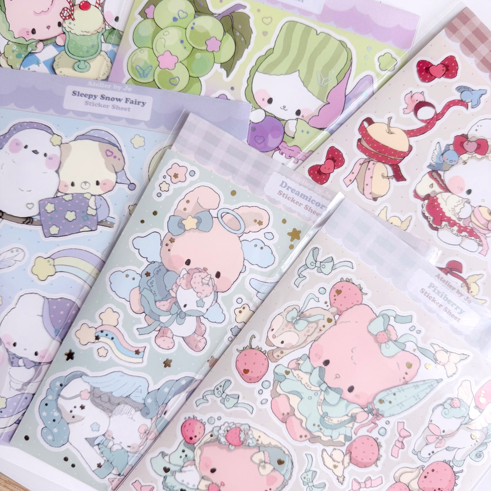 Collection of cute character stickers on multicolored backgrounds