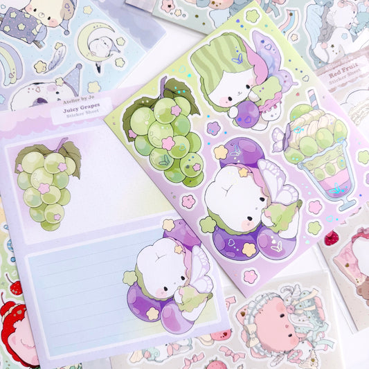 Cute character and decorative stickers on a purple and green gradient background