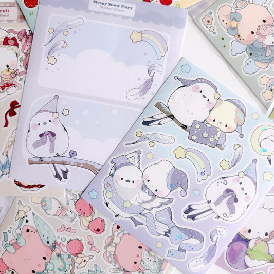 Sticker sheet with cute bird and puppy design on a white and blue background